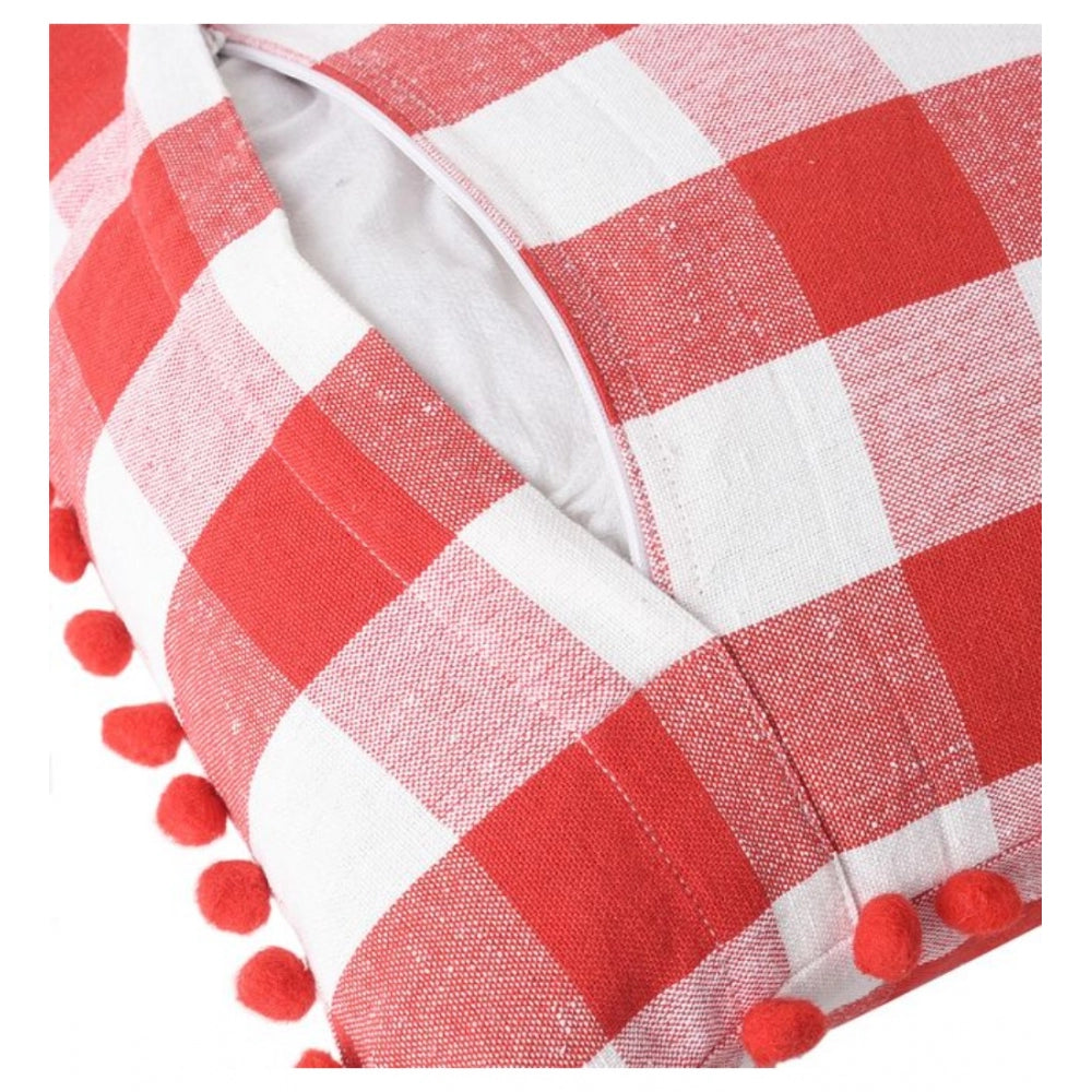 Pack Of_2 Cotton Checkered Cushion Cover With Pom Pom (Red, Size: 12x20 In) - GillKart