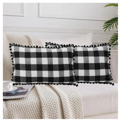 Pack Of_2 Cotton Checkered Cushion Cover With Pom Pom (Black, Size: 12x20 In) - GillKart