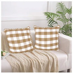 Pack Of_2 Cotton Checkered Cushion Cover With Pom Pom (Beige, Size: 20x20 In) - GillKart