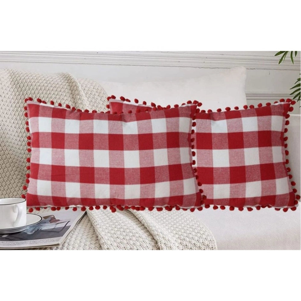 Pack Of_2 Cotton Checkered Cushion Cover With Pom Pom (Red, Size: 12x20 In) - GillKart