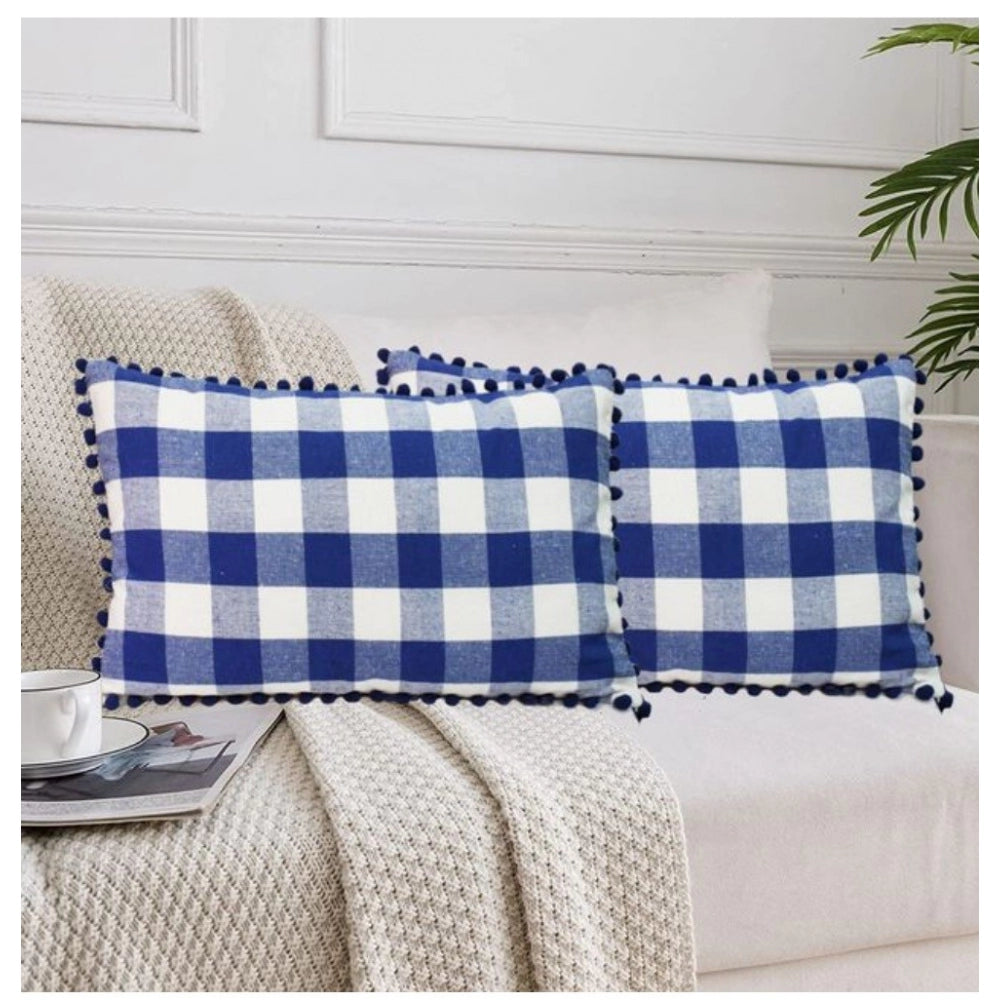 Pack Of_2 Cotton Checkered Cushion Cover With Pom Pom (Blue, Size: 12x20 In) - GillKart