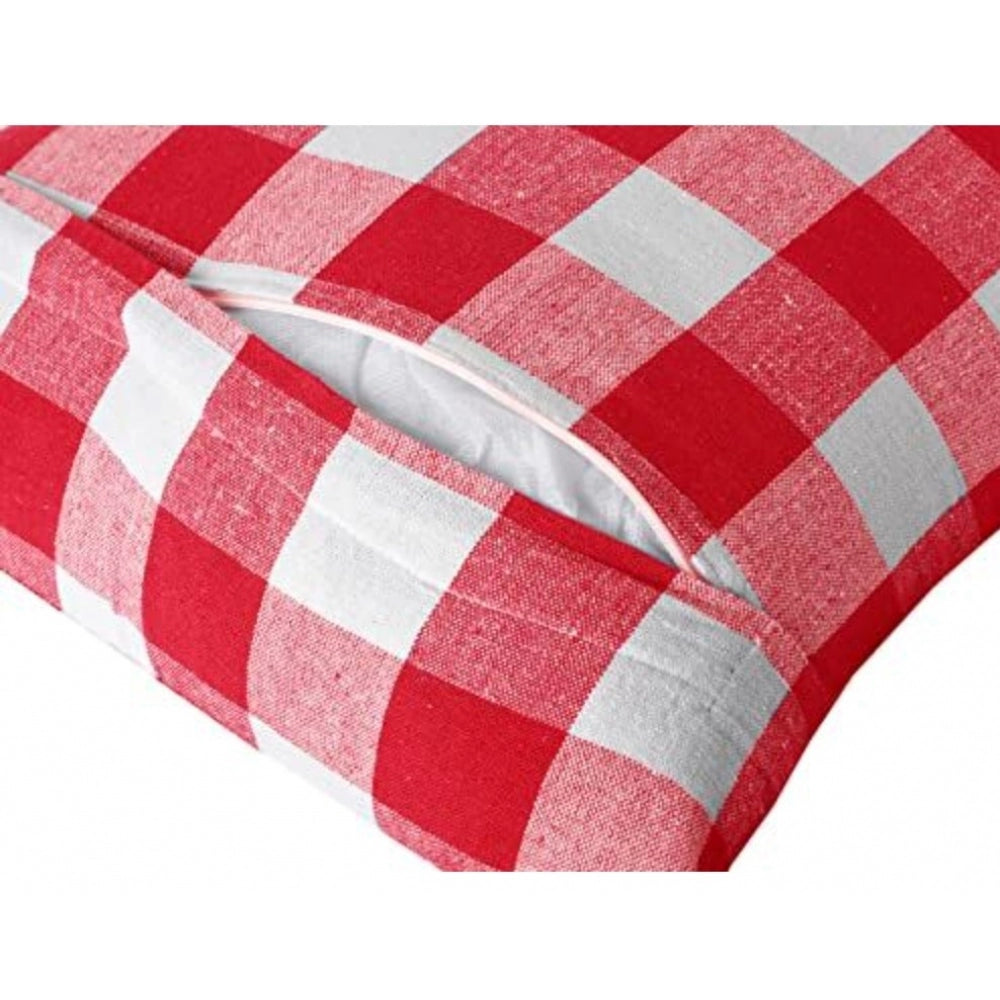 Pack Of_4 Cotton Checkered Cushion Cover With Pom Pom (Red, Size: 20x20 In) - GillKart