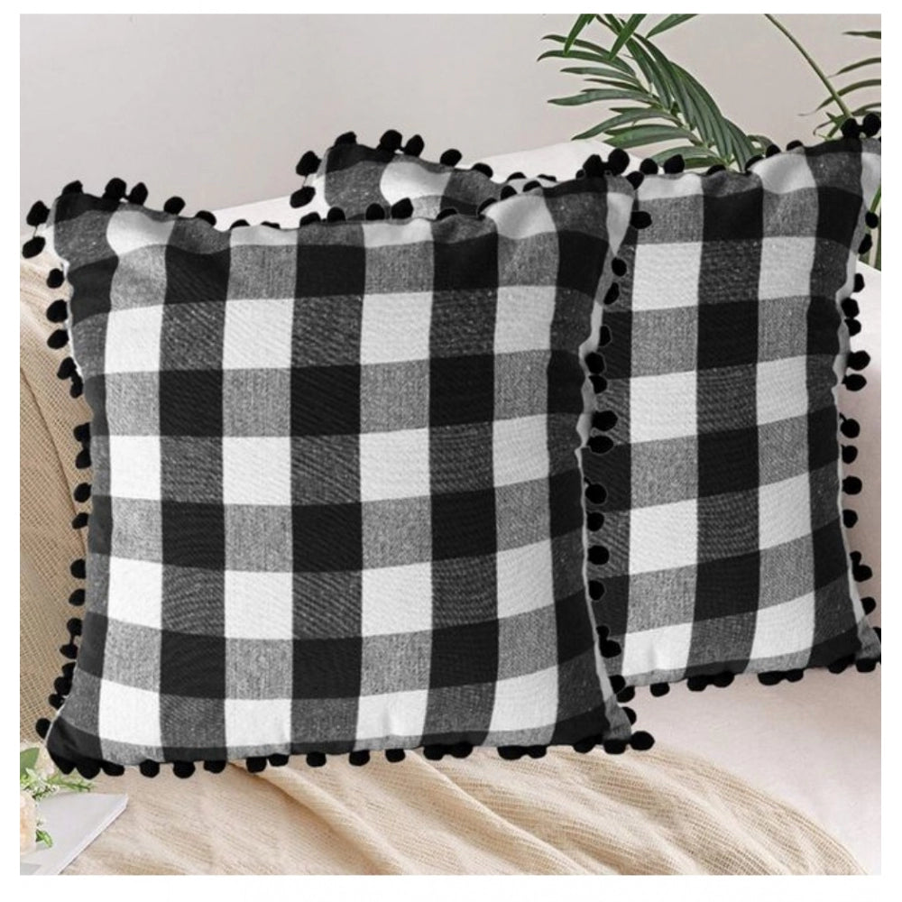 Pack Of_2 Cotton Checkered Cushion Cover With Pom Pom (Black, Size: 18x18 In) - GillKart