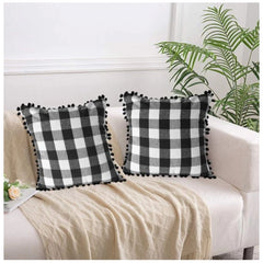 Pack Of_2 Cotton Checkered Cushion Cover With Pom Pom (Black, Size: 18x18 In) - GillKart