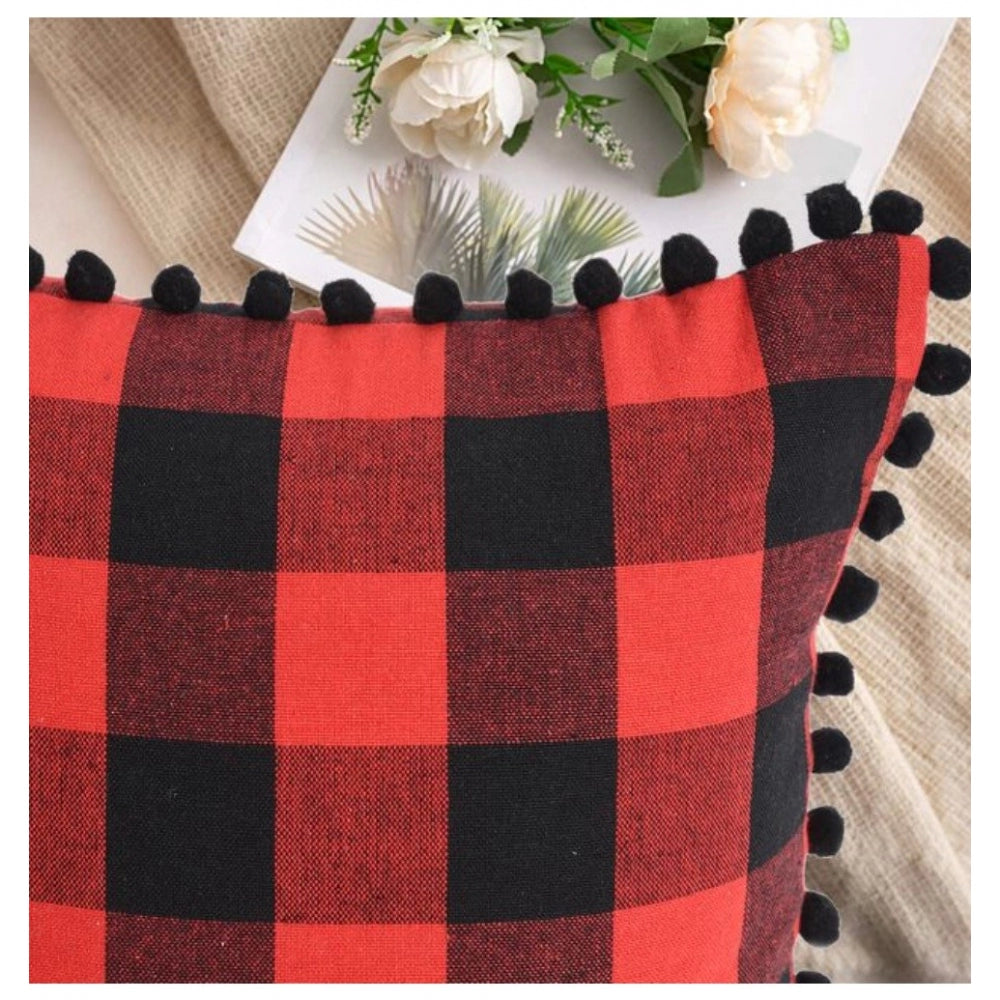 Pack Of_2 Cotton Checkered Cushion Cover With Pom Pom (Red &amp; Black, Size: 12x20 In) - GillKart