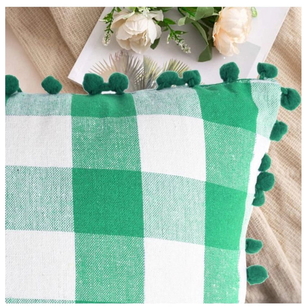 Pack Of_2 Cotton Checkered Cushion Cover With Pom Pom (Green, Size: 12x20 In) - GillKart