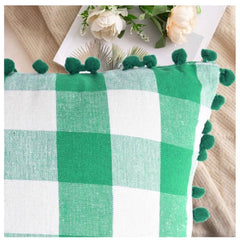 Pack Of_2 Cotton Checkered Cushion Cover With Pom Pom (Green, Size: 12x20 In) - GillKart