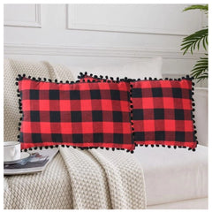 Pack Of_2 Cotton Checkered Cushion Cover With Pom Pom (Red &amp; Black, Size: 12x20 In) - GillKart