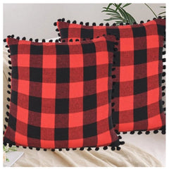 Pack Of_2 Cotton Checkered Cushion Cover With Pom Pom (Red &amp; Black, Size: 18x18 In) - GillKart