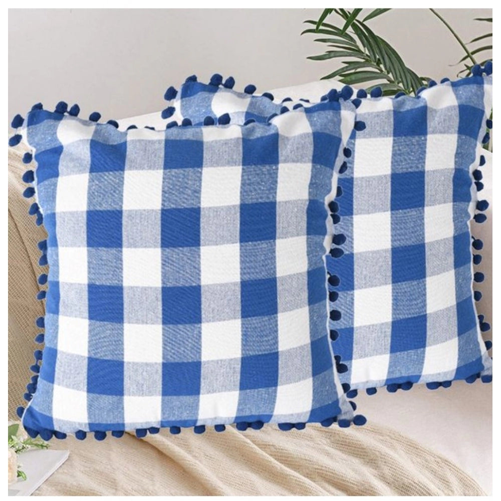 Pack Of_2 Cotton Checkered Cushion Cover With Pom Pom (Blue, Size: 18x18 In) - GillKart