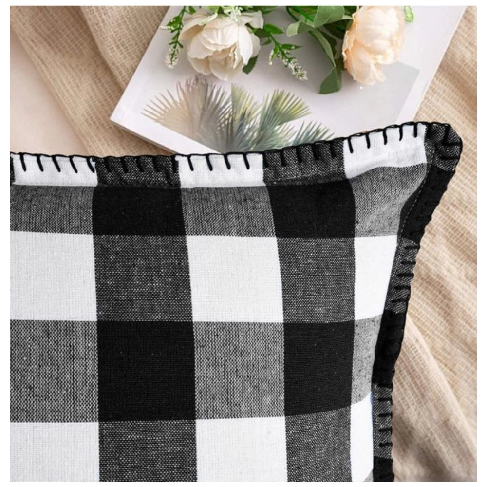 Pack Of_2 Cotton Checkered Cushion Cover With Blanket Stitch (Black &amp; White, Size: 18x18 In) - GillKart