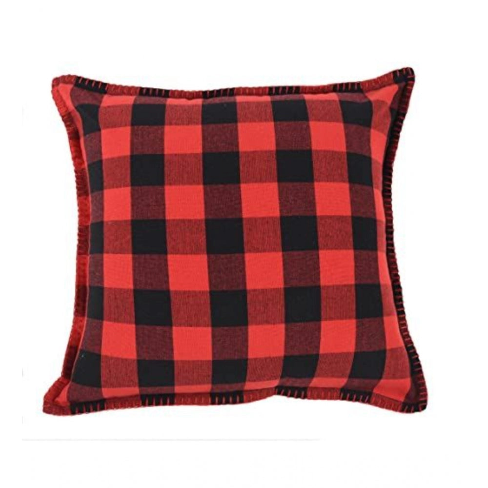 Pack Of_2 Cotton Checkered Cushion Cover With Blanket Stitch (Red &amp; Black, Size: 24x24 In) - GillKart