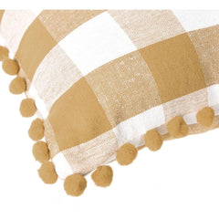 Pack Of_2 Cotton Checkered Cushion Cover With Pom Pom (Beige, Size: 20x20 In) - GillKart