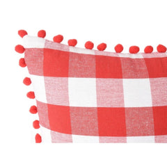 Pack Of_2 Cotton Checkered Cushion Cover With Pom Pom (Red, Size: 12x20 In) - GillKart