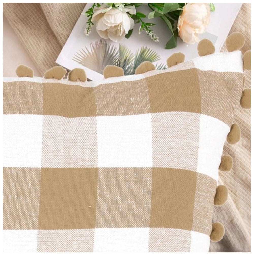 Pack Of_2 Cotton Checkered Cushion Cover With Pom Pom (Beige, Size: 20x20 In) - GillKart