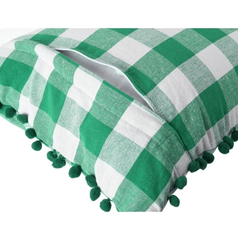 Pack Of_2 Cotton Checkered Cushion Cover With Pom Pom (Green, Size: 12x20 In) - GillKart