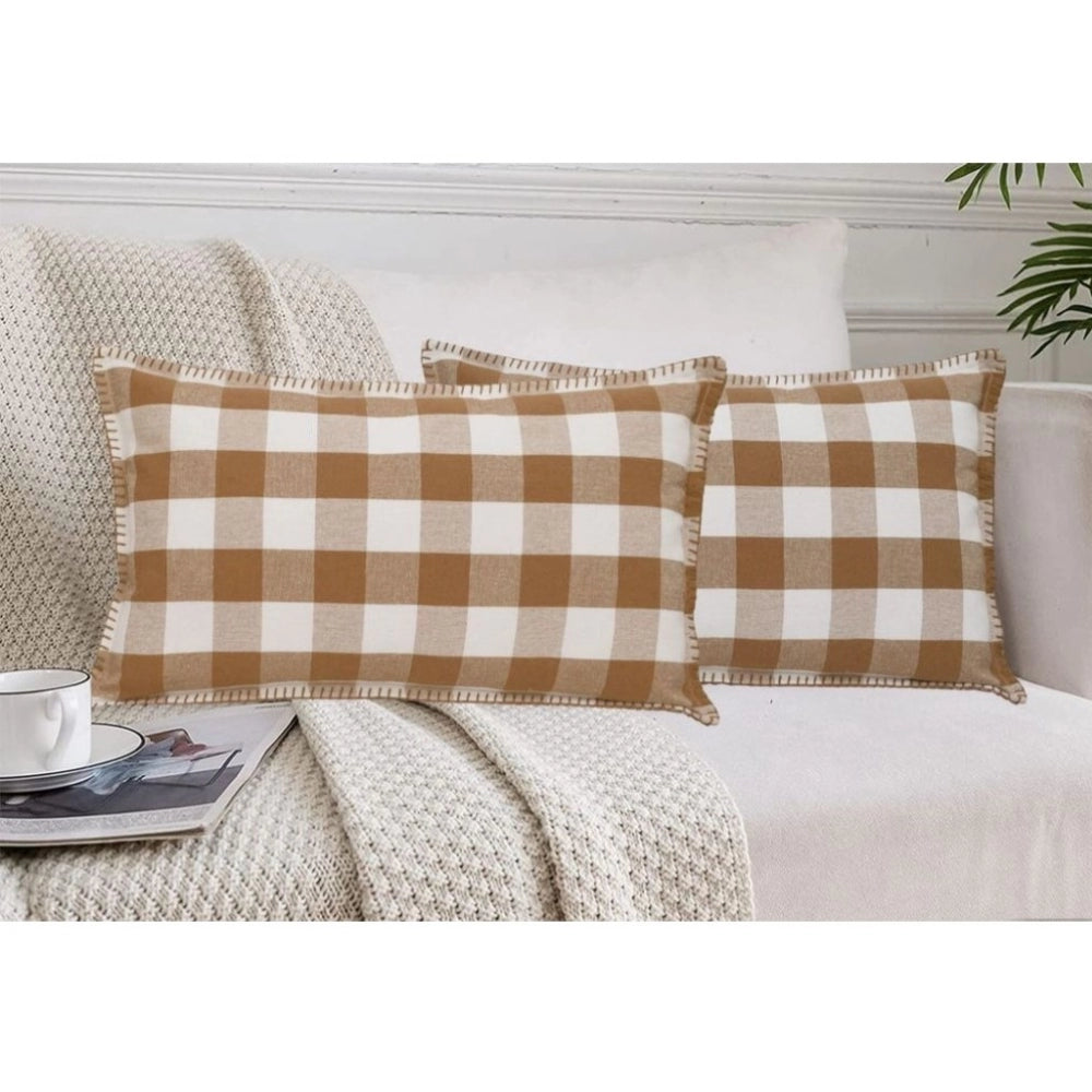 Pack Of_2 Cotton Checkered Cushion Cover With Blanket Stitch (Beige, Size: 12x20 In) - GillKart