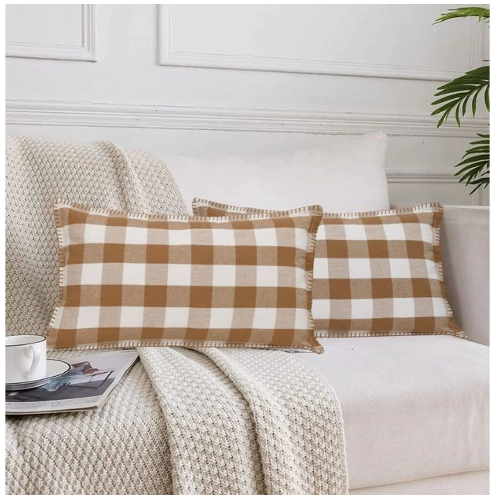 Pack Of_2 Cotton Checkered Cushion Cover With Blanket Stitch (Beige, Size: 12x20 In) - GillKart