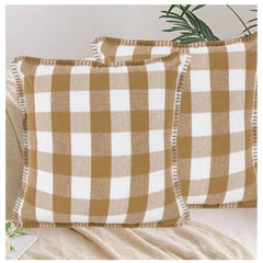 Pack Of_2 Cotton Checkered Cushion Cover With Blanket Stitch (Beige, Size: 24x24 In) - GillKart