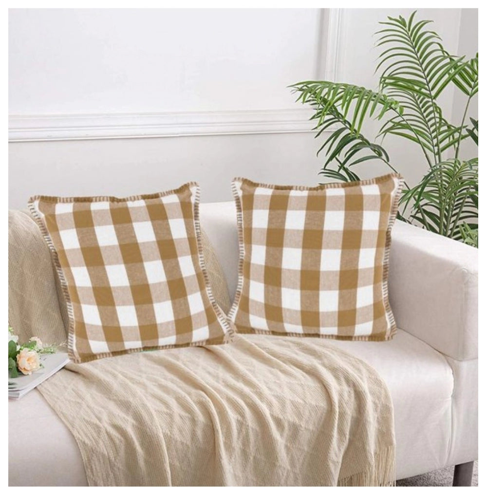 Pack Of_2 Cotton Checkered Cushion Cover With Blanket Stitch (Beige, Size: 24x24 In) - GillKart