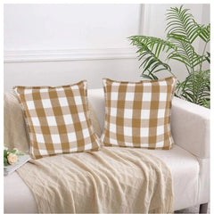 Pack Of_2 Cotton Checkered Cushion Cover With Blanket Stitch (Beige, Size: 24x24 In) - GillKart