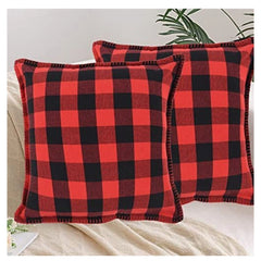 Pack Of_2 Cotton Checkered Cushion Cover With Blanket Stitch (Red &amp; Black, Size: 24x24 In) - GillKart