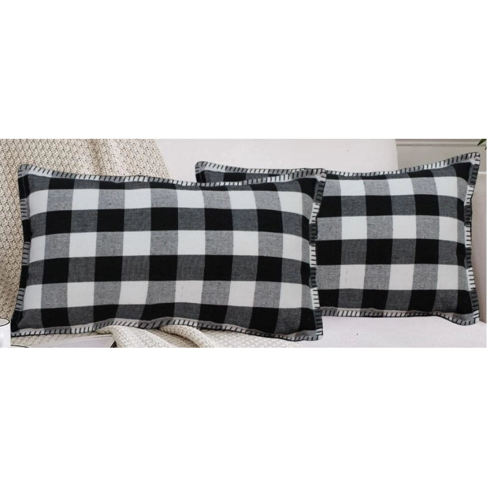 Pack Of_2 Cotton Checkered Cushion Cover With Blanket Stitch (Black, Size: 12x20 In) - GillKart