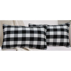 Pack Of_2 Cotton Checkered Cushion Cover With Blanket Stitch (Black, Size: 12x20 In) - GillKart