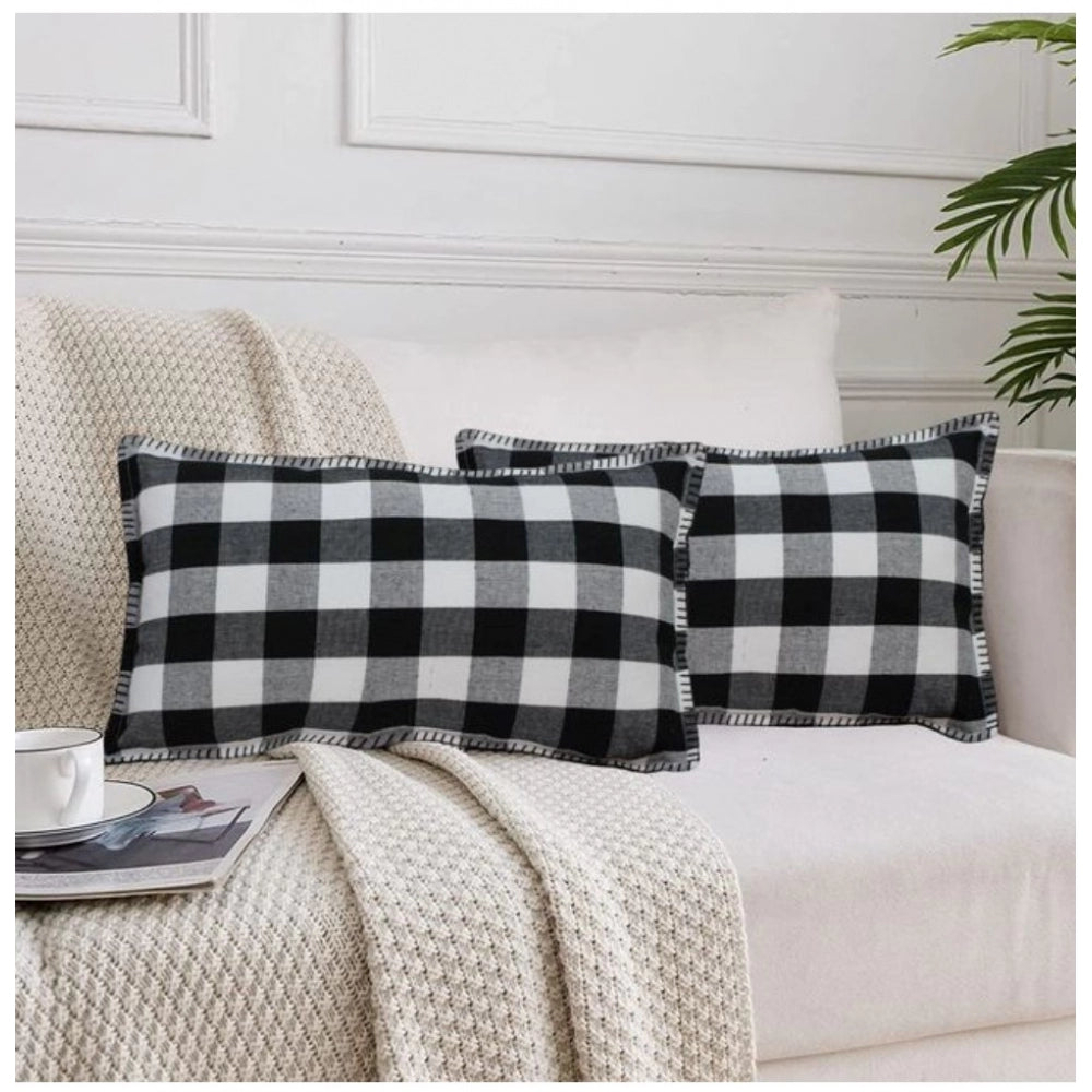 Pack Of_2 Cotton Checkered Cushion Cover With Blanket Stitch (Black, Size: 12x20 In) - GillKart