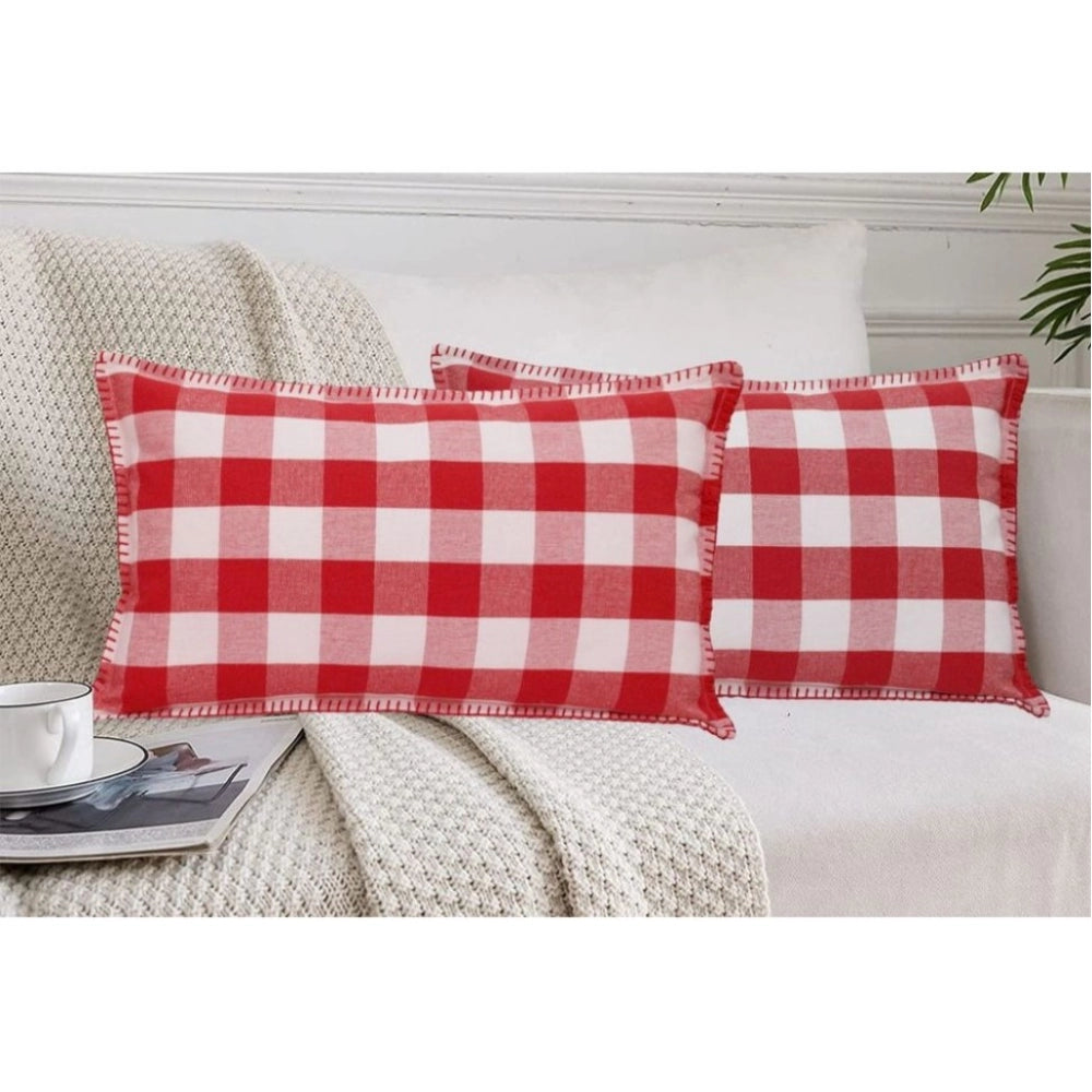 Pack Of_2 Cotton Checkered Cushion Cover With Blanket Stitch (Red &amp; White, Size: 12x20 In) - GillKart