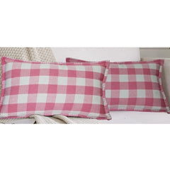 Pack Of_2 Cotton Checkered Cushion Cover With Blanket Stitch (Baby Pink, Size: 12x20 In) - GillKart