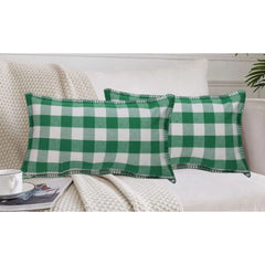 Pack Of_2 Cotton Checkered Cushion Cover With Blanket Stitch (Green, Size: 12x20 In) - GillKart