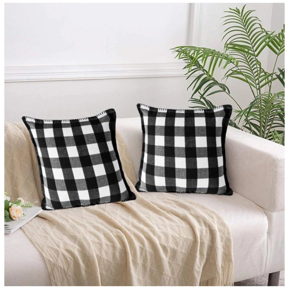 Pack Of_2 Cotton Checkered Cushion Cover With Blanket Stitch (Black &amp; White, Size: 18x18 In) - GillKart