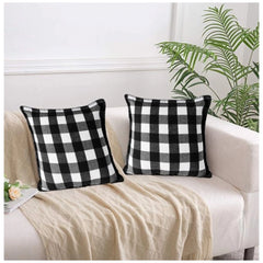 Pack Of_2 Cotton Checkered Cushion Cover With Blanket Stitch (Black &amp; White, Size: 18x18 In) - GillKart