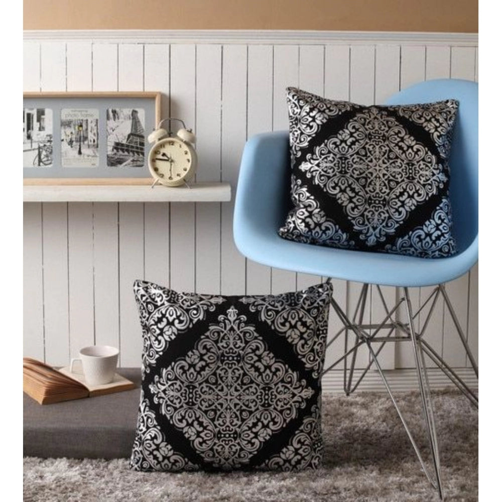 Pack Of_2 Cotton Printed Cushion Cover Sets (Black, Size: 16x16 In) - GillKart