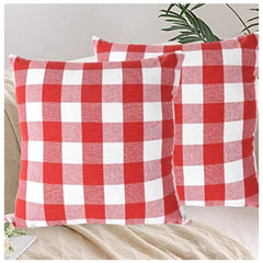 Pack Of_4 Cotton Checkered Cushion Cover With Pom Pom (Red, Size: 20x20 In) - GillKart