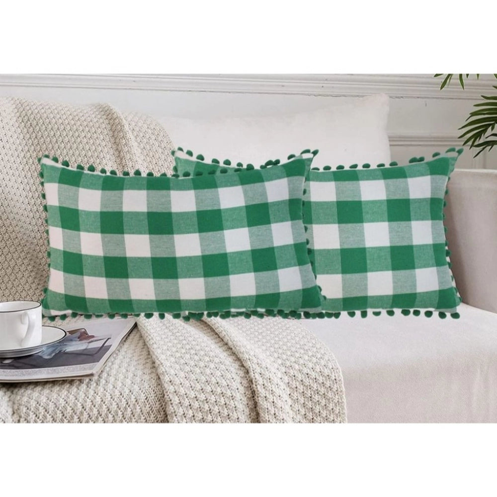 Pack Of_2 Cotton Checkered Cushion Cover With Pom Pom (Green, Size: 12x20 In) - GillKart