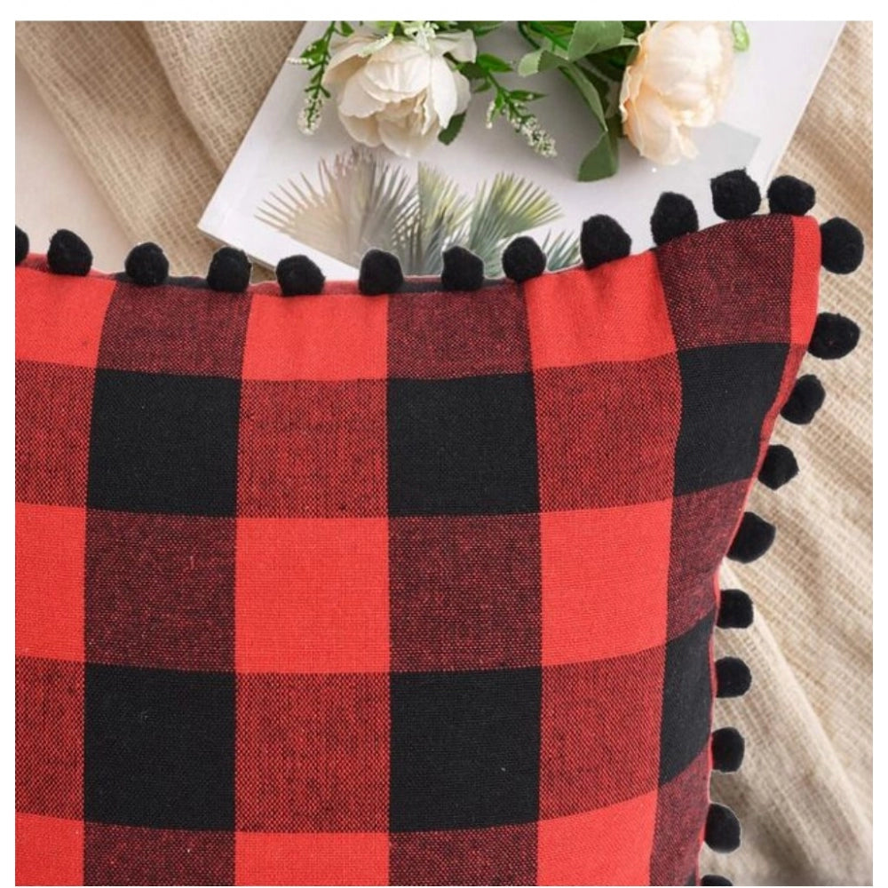 Pack Of_2 Cotton Checkered Cushion Cover With Pom Pom (Red &amp; Black, Size: 18x18 In) - GillKart