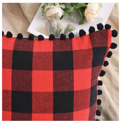 Pack Of_2 Cotton Checkered Cushion Cover With Pom Pom (Red &amp; Black, Size: 18x18 In) - GillKart