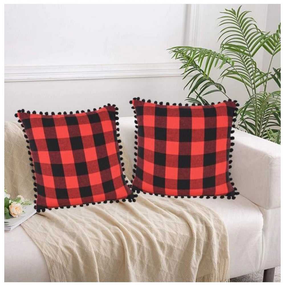 Pack Of_2 Cotton Checkered Cushion Cover With Pom Pom (Red &amp; Black, Size: 18x18 In) - GillKart