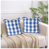 Pack Of_2 Cotton Checkered Cushion Cover With Pom Pom (Blue, Size: 18x18 In) - GillKart