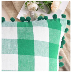 Pack Of_2 Cotton Checkered Cushion Cover With Pom Pom (Green, Size: 18x18 In) - GillKart