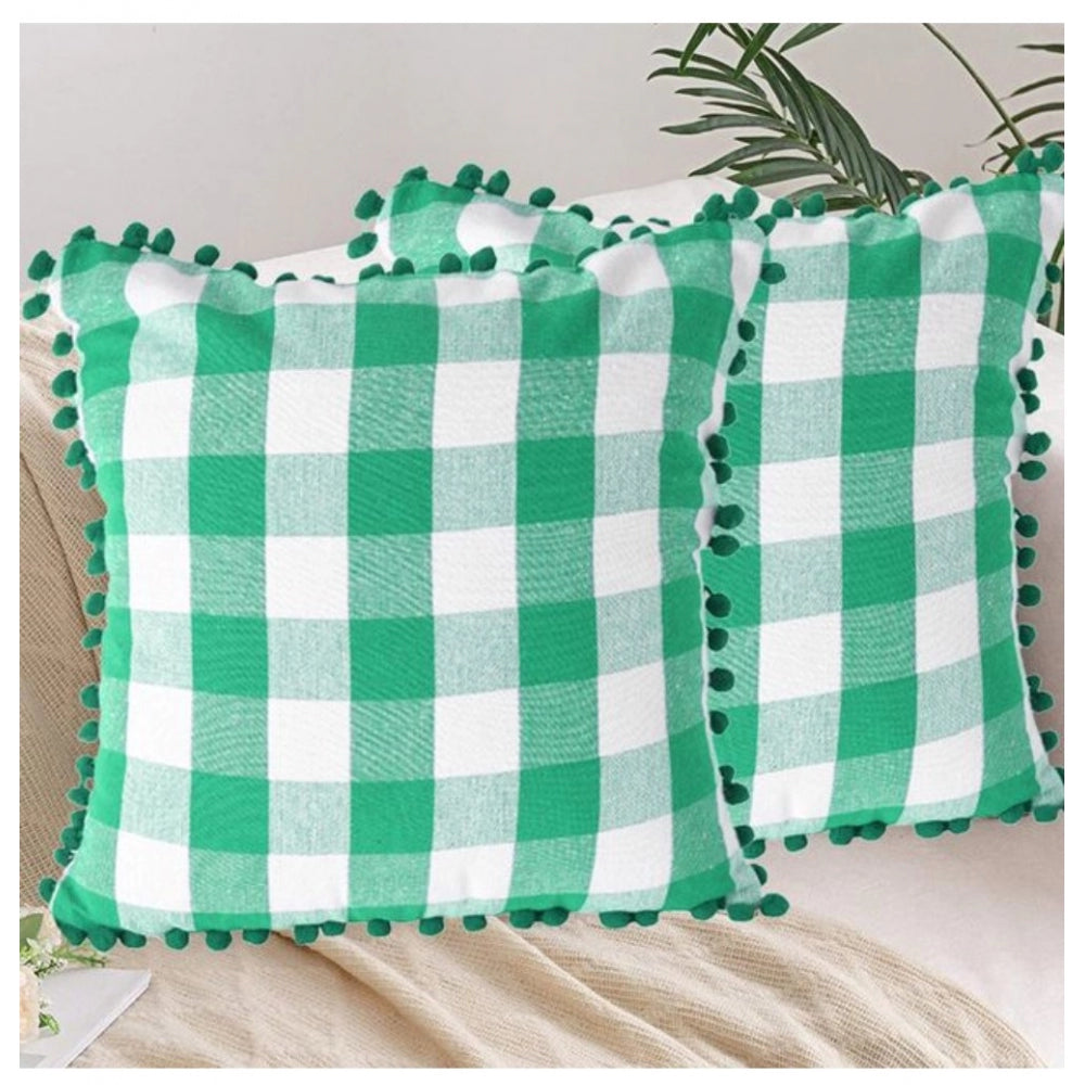 Pack Of_2 Cotton Checkered Cushion Cover With Pom Pom (Green, Size: 18x18 In) - GillKart