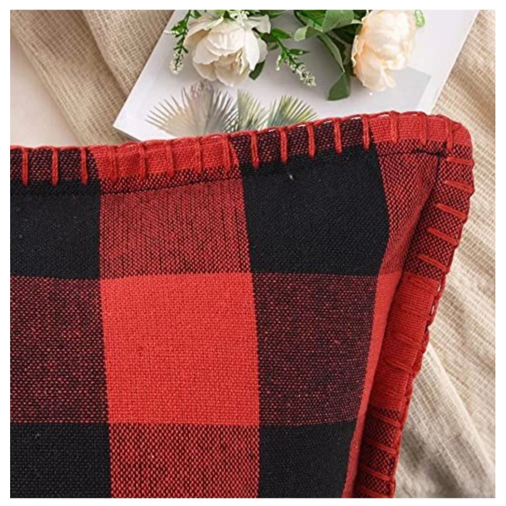 Pack Of_2 Cotton Checkered Cushion Cover With Blanket Stitch (Red &amp; Black, Size: 24x24 In) - GillKart