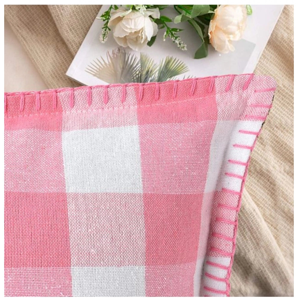 Pack Of_2 Cotton Checkered Cushion Cover With Blanket Stitch (Baby Pink, Size: 12x20 In) - GillKart