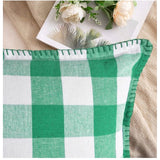 Pack Of_2 Cotton Checkered Cushion Cover With Blanket Stitch (Green, Size: 12x20 In) - GillKart