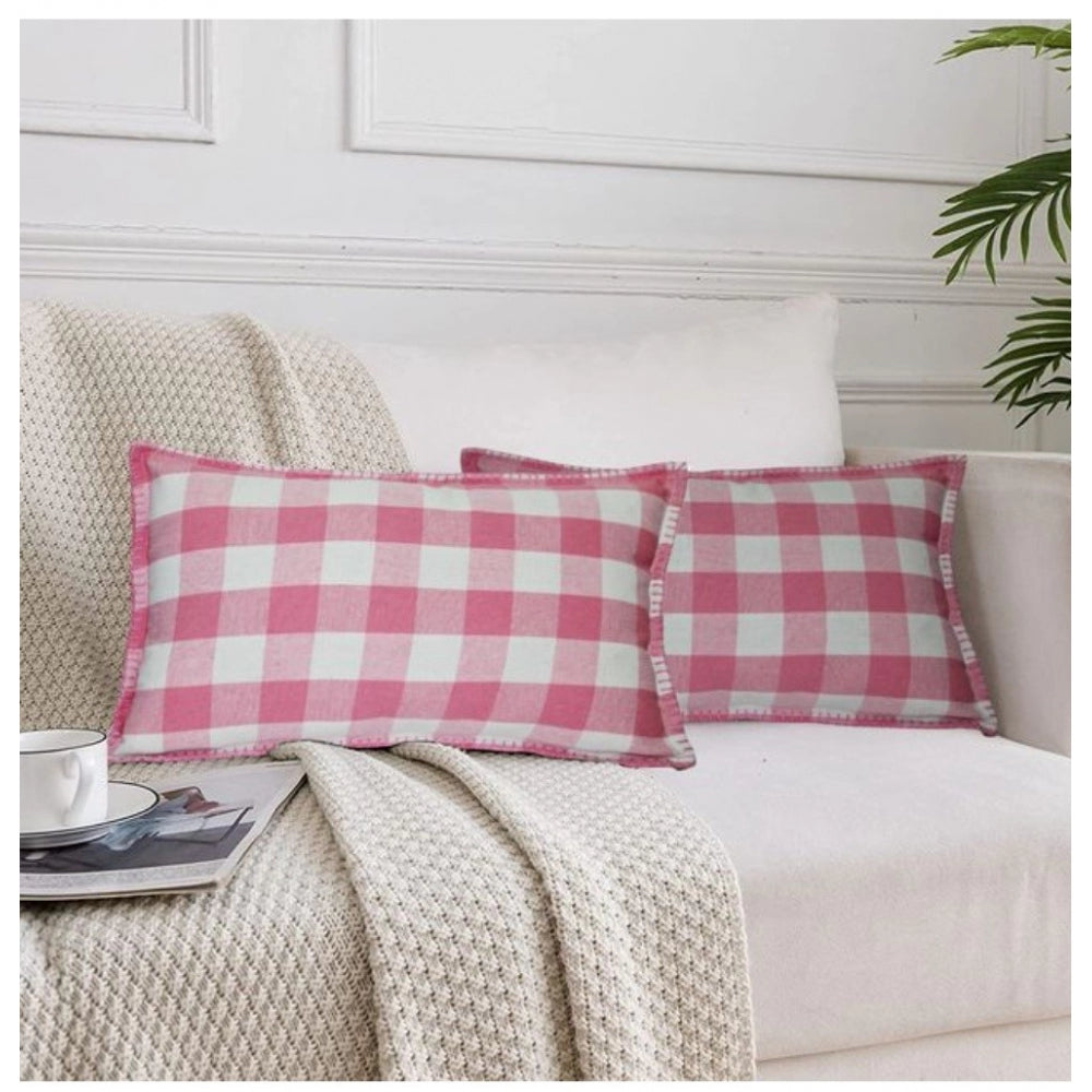 Pack Of_2 Cotton Checkered Cushion Cover With Blanket Stitch (Baby Pink, Size: 12x20 In) - GillKart