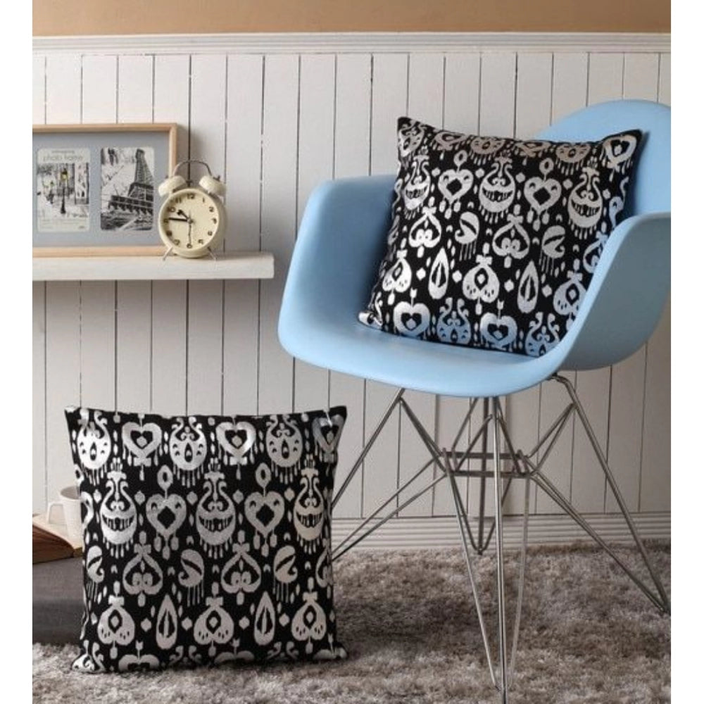 Pack Of_2 Cotton Printed Cushion Cover Sets (Black, Size: 16x16 In) - GillKart