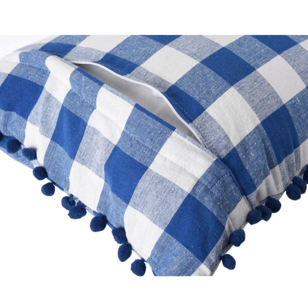 Pack Of_2 Cotton Checkered Cushion Cover With Pom Pom (Blue, Size: 12x20 In) - GillKart