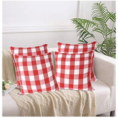 Pack Of_4 Cotton Checkered Cushion Cover With Pom Pom (Red, Size: 20x20 In) - GillKart